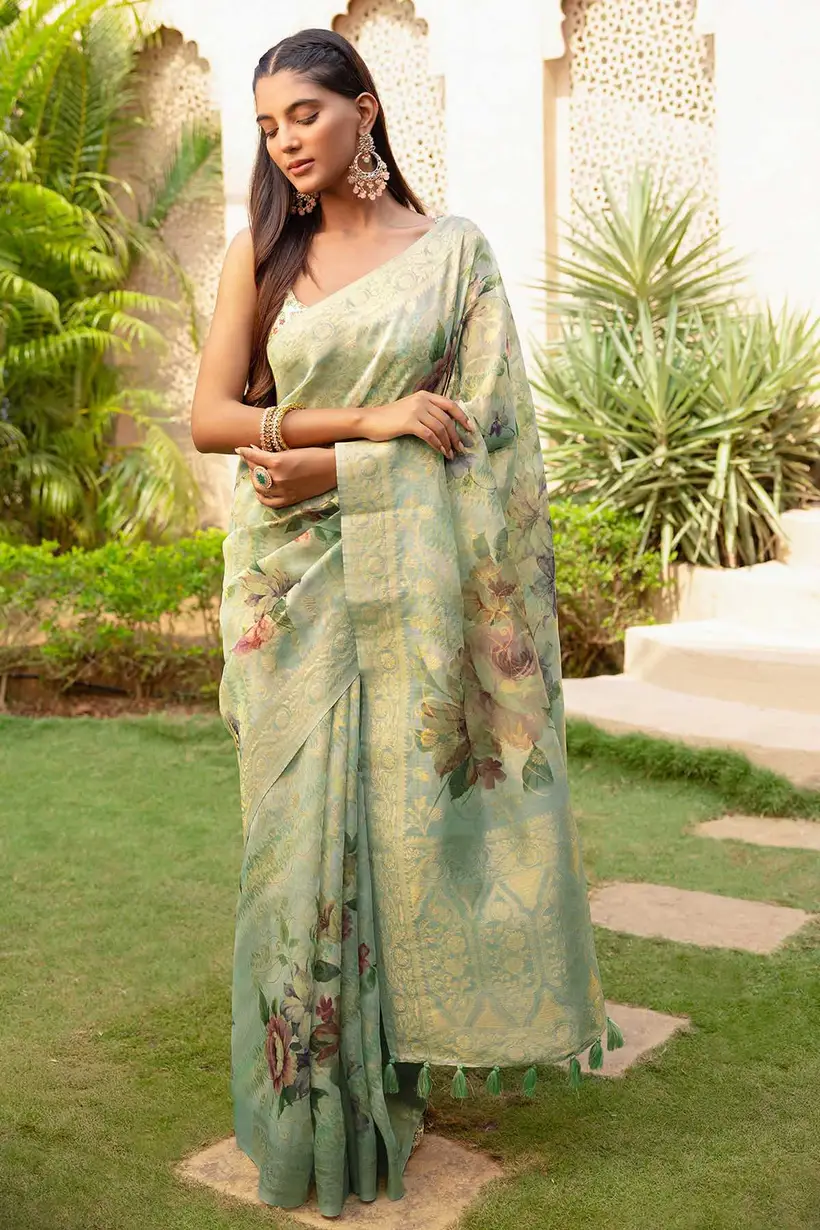 Sap Green Chanderi Floral Print Saree With Zari Woven